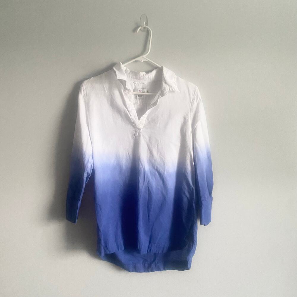 Vineyard Vines Linen Cotton Ombré Blue Collared Tunic Top Blouse Size X-Small